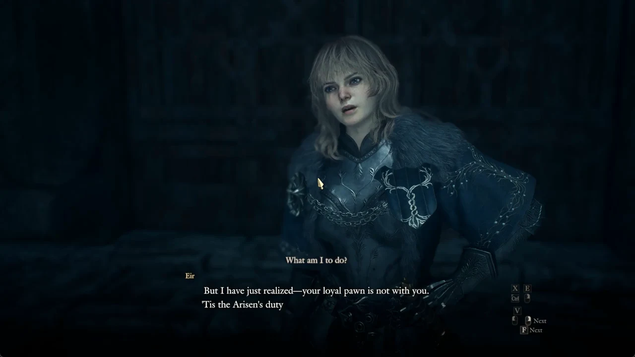 Eir's dialogue at Lorade Castle noting the Arisen's missing pawn, with a Next prompt ready