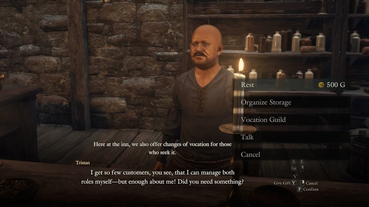Innkeeper service menu with Rest highlighted at a cost of 500 G