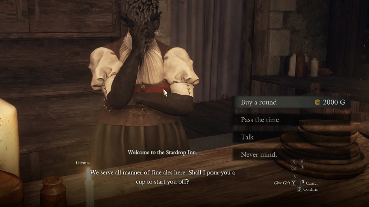 Stardrop Inn dialogue with Glenna, Buy a round for 2000 G highlighted