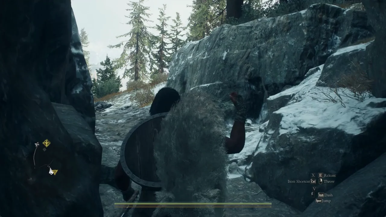 The Arisen walks a snowy path with the white pup Skoll on one shoulder