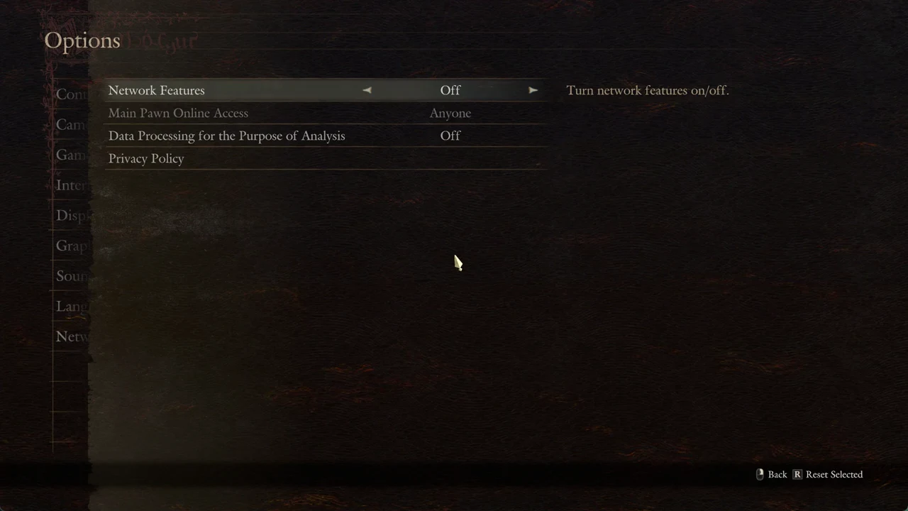 The Network Features setting selected and set to Off in the Options menu