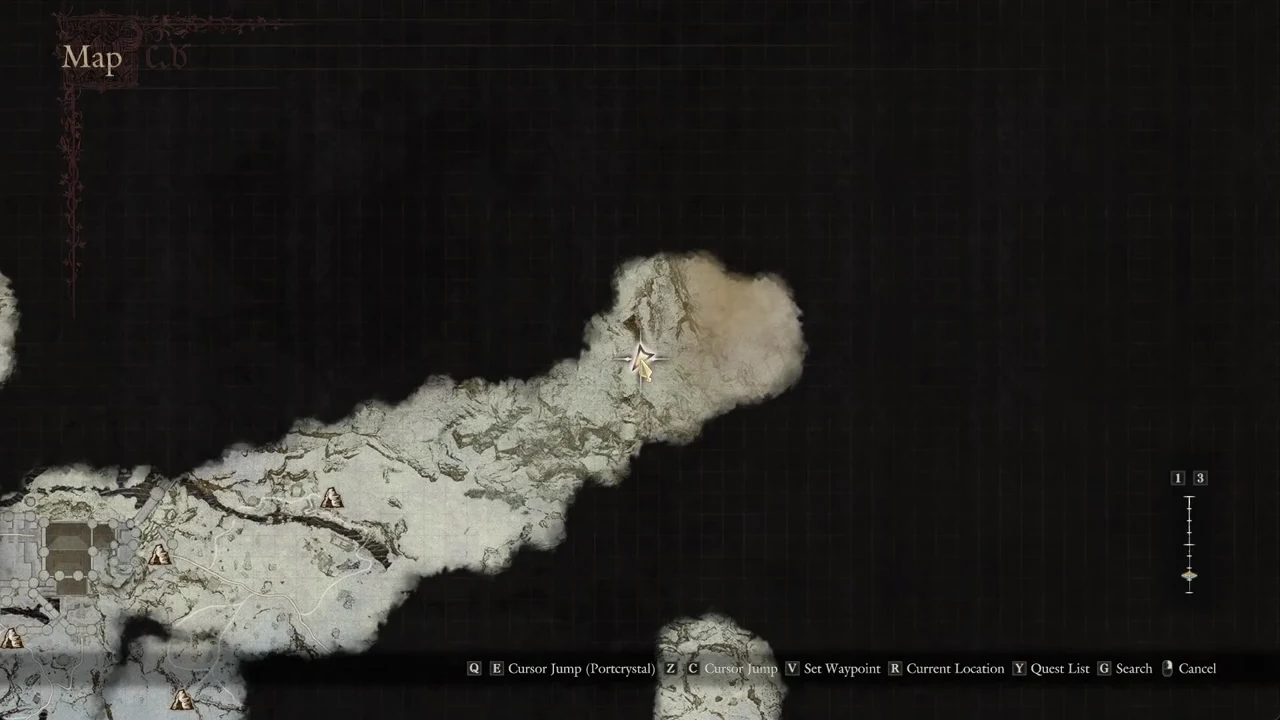 World map open with the cursor over northern snowfield terrain and map key hints along the bottom