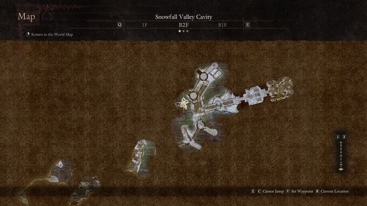 Snowfall Valley Cavity local map with B2F selected and the cursor over a location