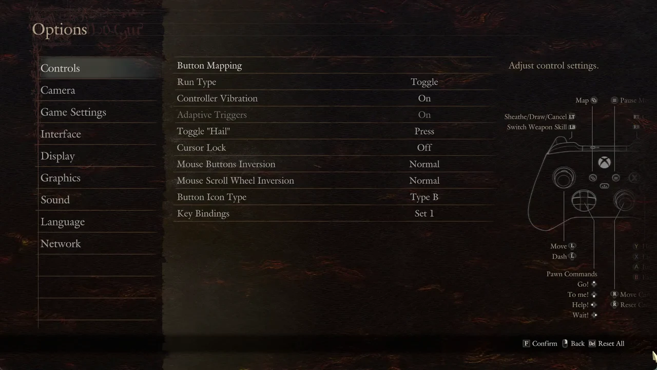 Options menu open on the Controls category showing button mapping settings