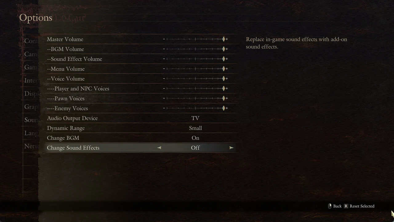 Change Sound Effects setting highlighted and set to Off, the last row of the Sound menu