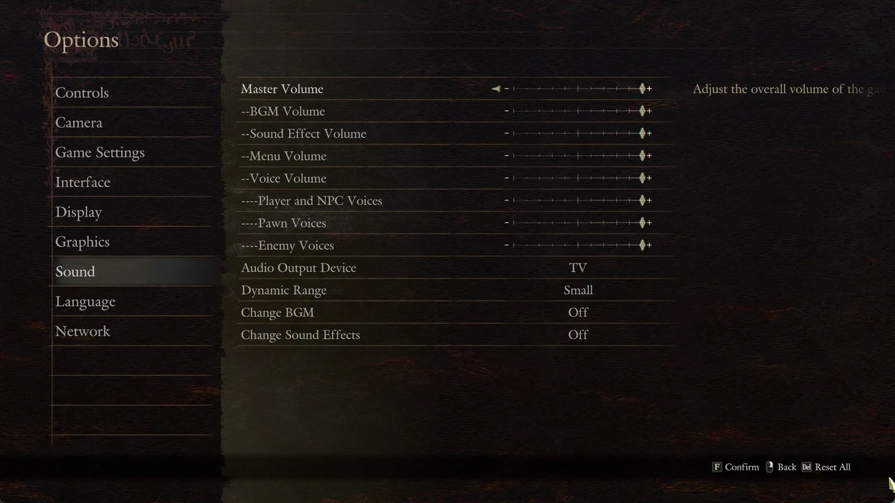 Sound settings page in Options with the Master Volume slider selected at the top