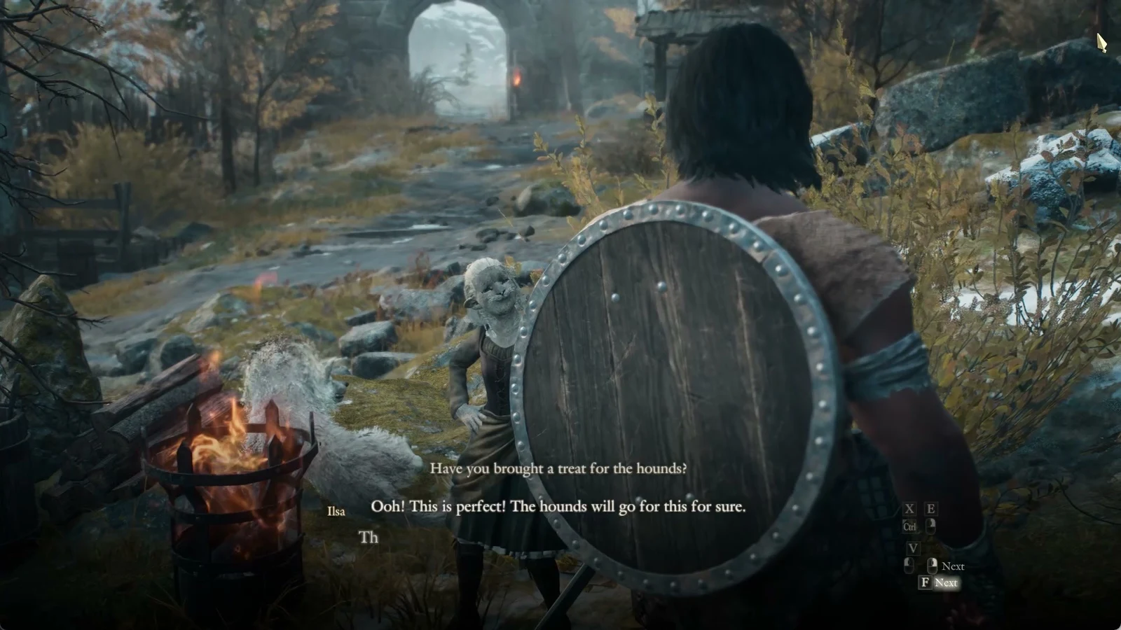 Player with a round wooden shield faces a small villager beside a burning brazier and a white hound, with dialogue subtitles.