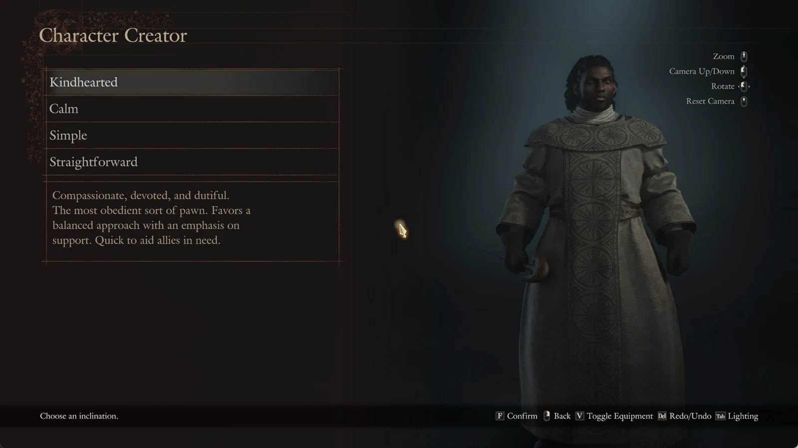 Inclination selection list with a description of Kindhearted, beside a character in a patterned robe.
