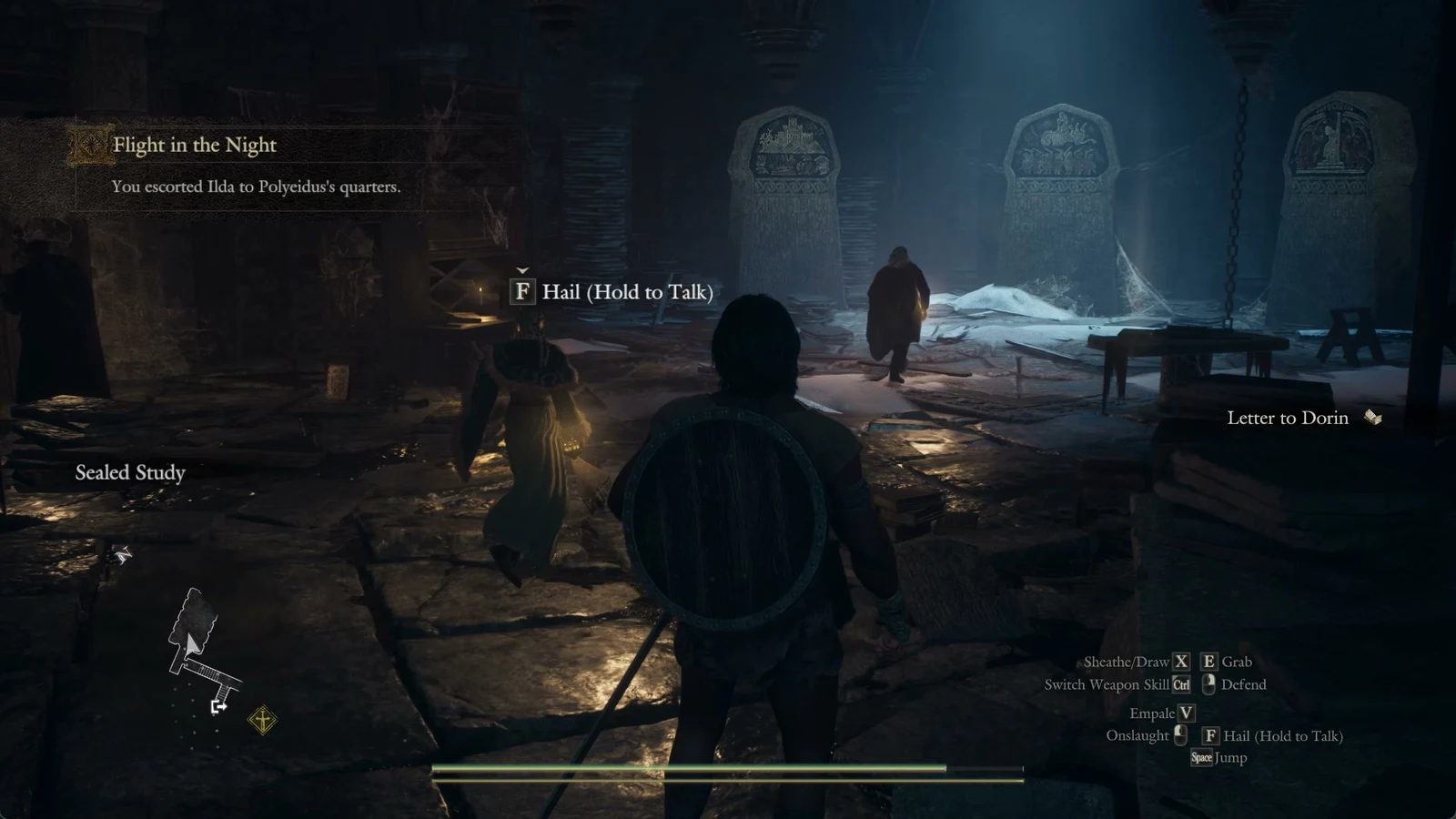 Player with a round shield in a dim stone study with carved tablets, a quest banner, a Hail prompt and a minimap.