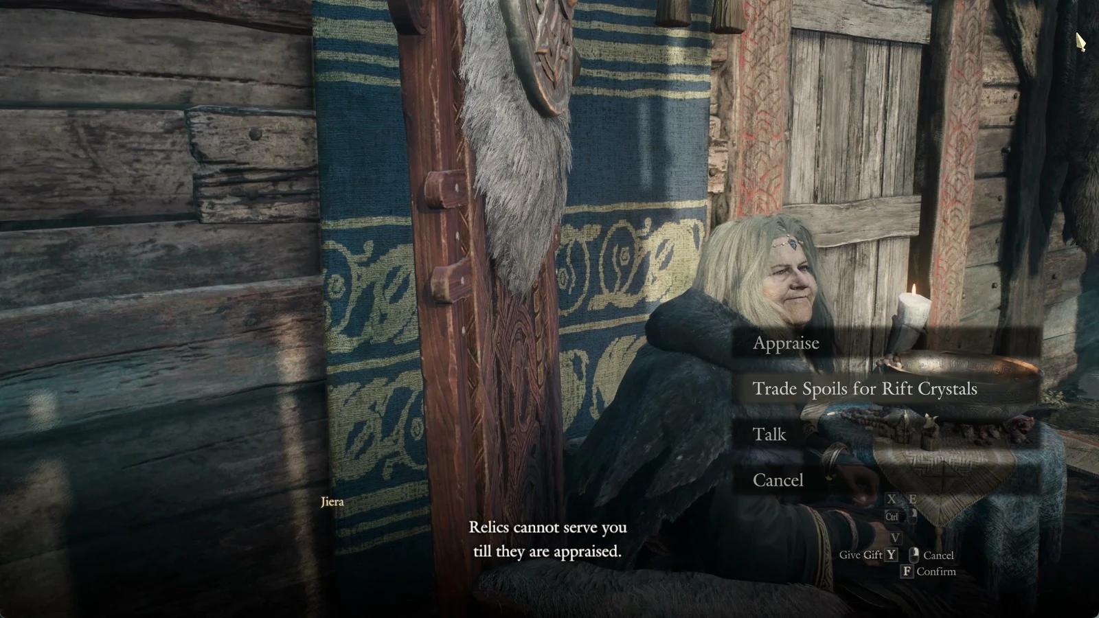 An elderly woman with a circlet sits against a wooden wall beside a menu listing Appraise, Trade Spoils for Rift Crystals, Talk and Cancel.