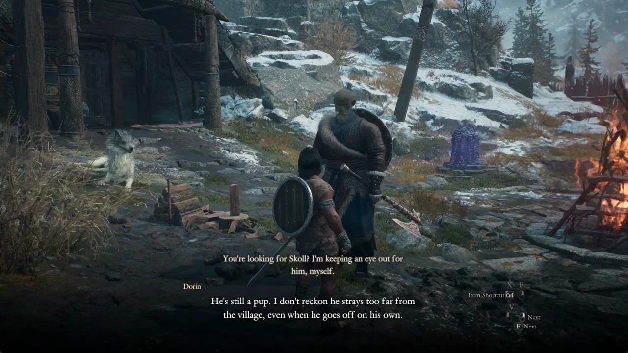 Dorin's dialogue open with the F Next prompt ready to advance the talk about Skoll