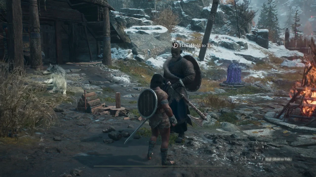 The hail prompt above an armored NPC inviting the player to hold F to talk