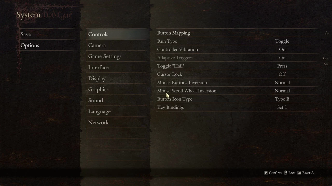 The System menu with Options open on the Controls page and its rows