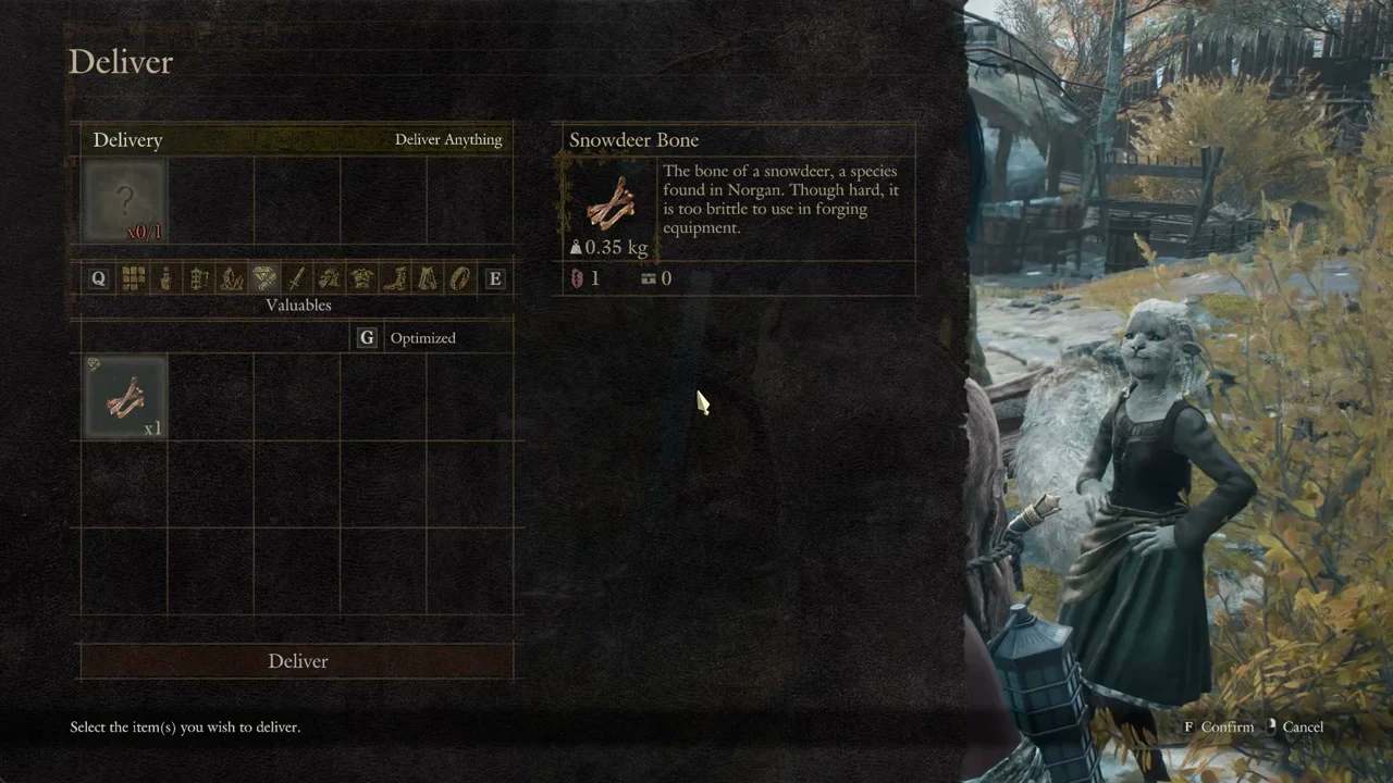 The Deliver screen with Snowdeer Bone selected under the Valuables tab