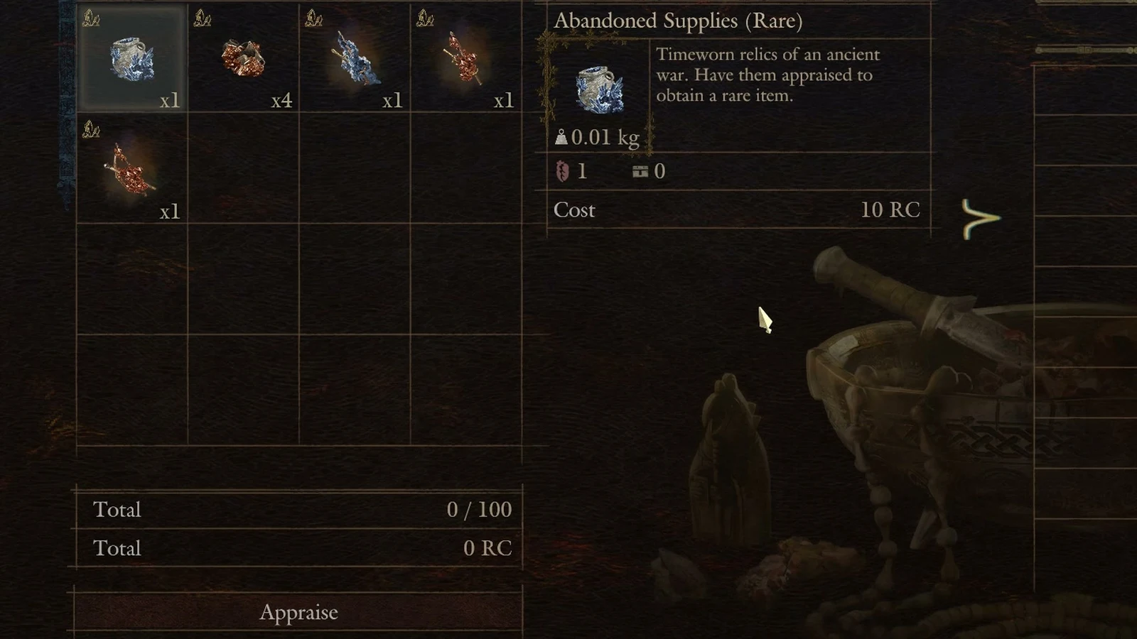 Appraisal menu grid of relic items with a description panel for Abandoned Supplies (Rare), totals, and an Appraise button.