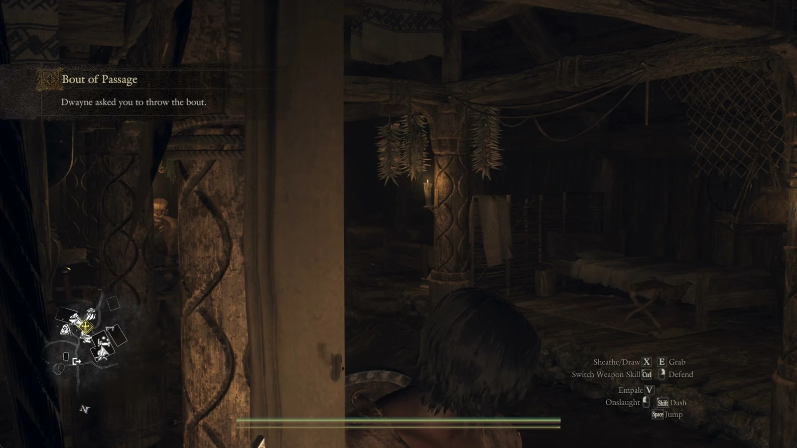 Dark wooden room with carved pillars, a quest notification at top left, minimap at lower left and control prompts at right.