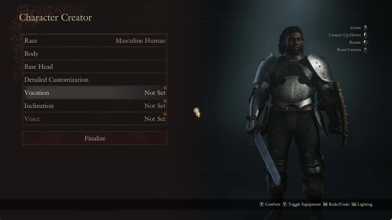 Character Creator menu listing race and appearance options beside an armored dark-haired character holding a sword and shield.