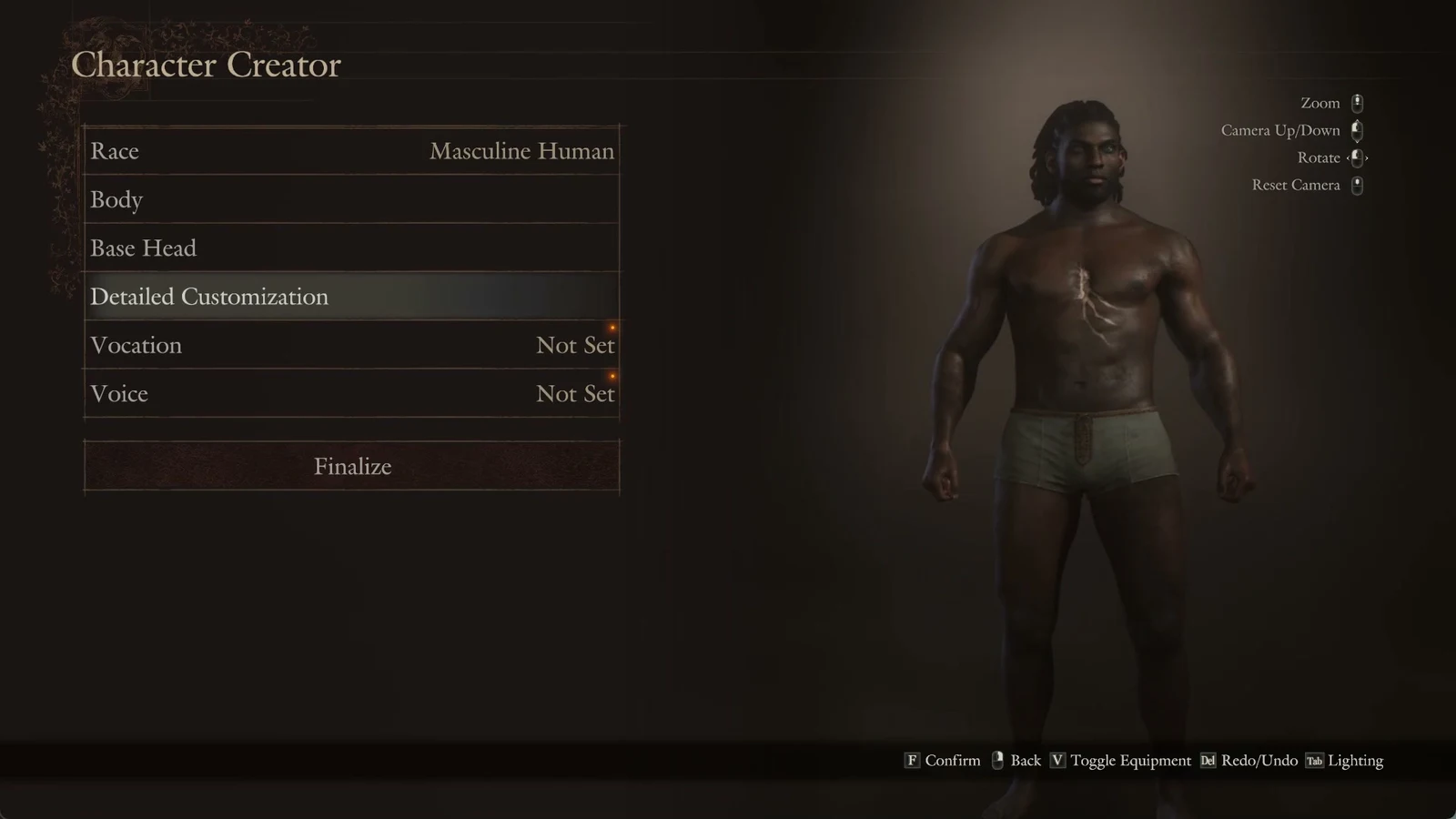 Dragon's Dogma 2 Character Creator main menu beside a muscular, dark-skinned male character in shorts with a scar on his chest.