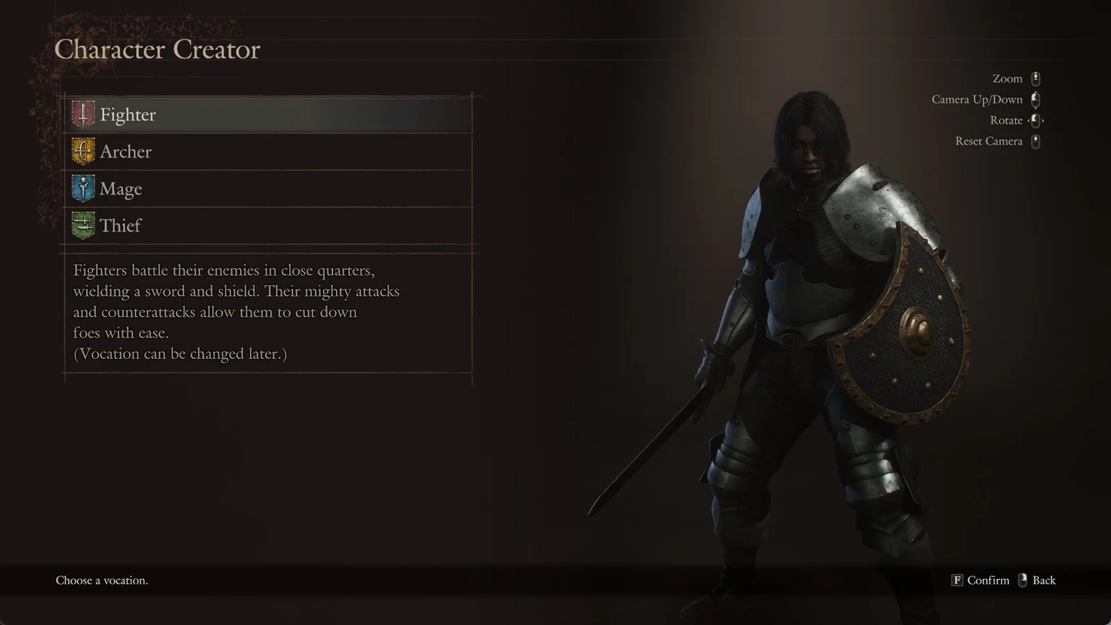 Character Creator menu listing Fighter, Archer, Mage and Thief, with an armored sword-and-shield character shown on the right.