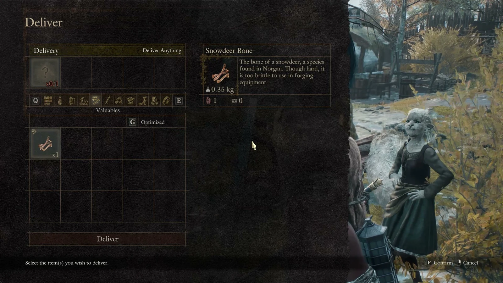 Deliver menu on the Valuables tab listing a Snowdeer Bone, with Ilsa standing at the right.