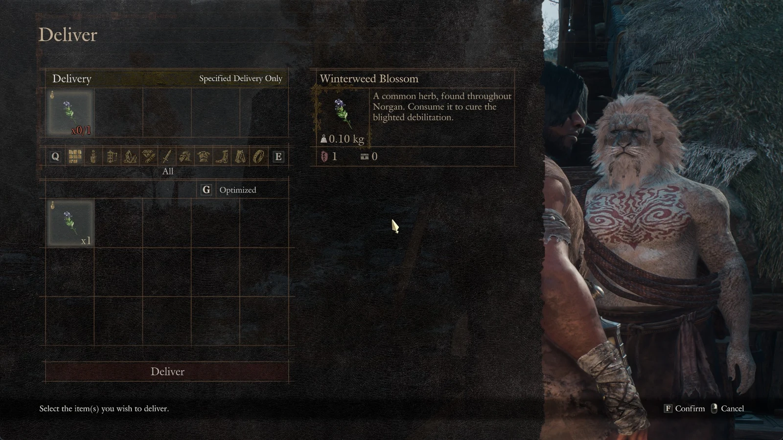 Deliver menu showing an empty delivery slot requiring one Winterweed Blossom, inventory item with description, and the lion-faced NPC at right.