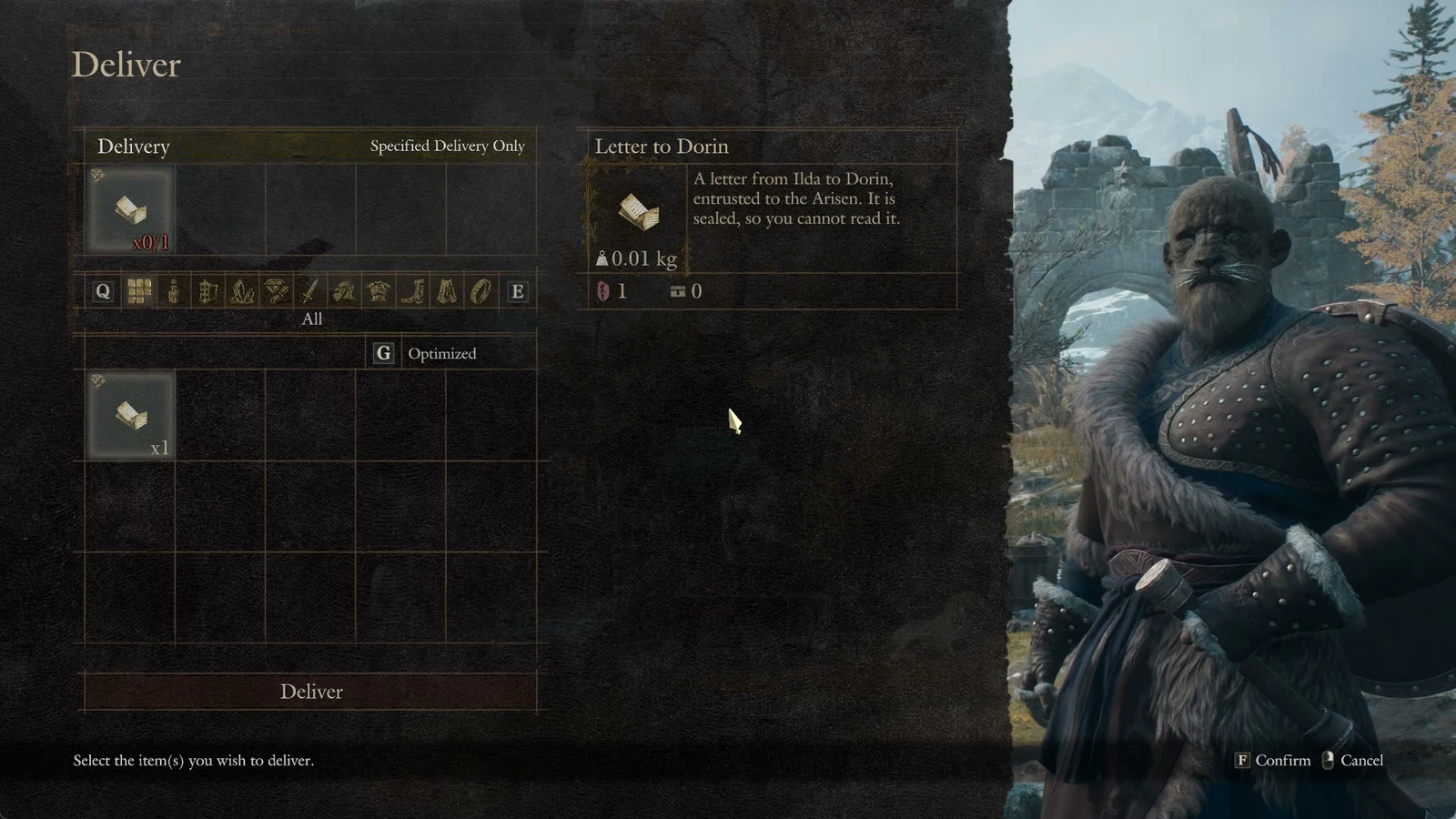Delivery menu with a Letter to Dorin item selected, its description at right and a character portrait at far right.