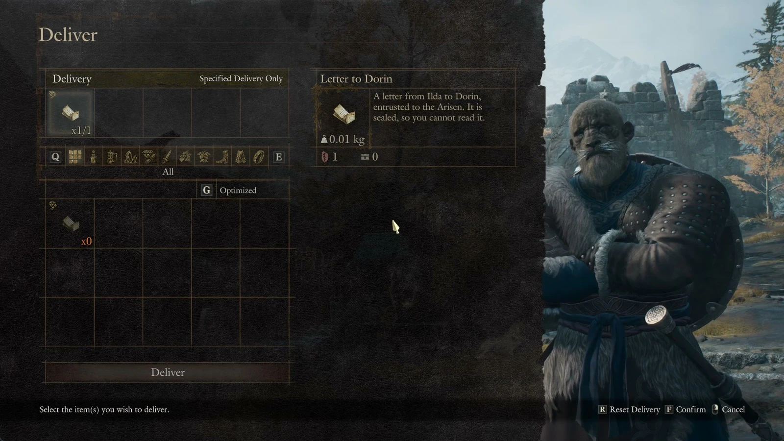 Deliver menu with the letter loaded in the delivery slot at x1/1 and the inventory slot now at zero.