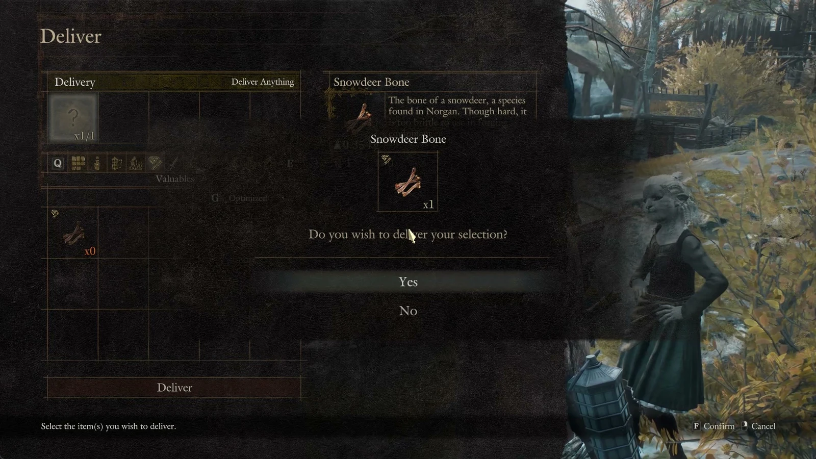 Deliver menu with a confirmation prompt to hand over one Snowdeer Bone, with a villager standing outdoors at right.