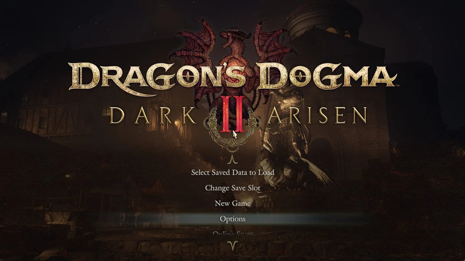 Dragon's Dogma 2 Dark Arisen title screen with a winged dragon emblem and a menu with Options highlighted.