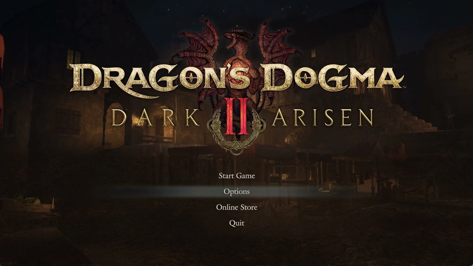 Dragon's Dogma II Dark Arisen title screen with Options highlighted among Start Game, Online Store and Quit over a dim night market.