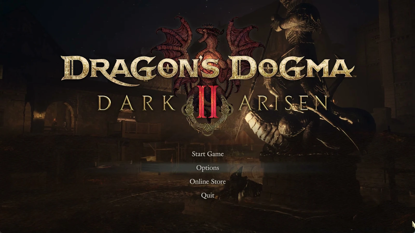 Dragon's Dogma 2 Dark Arisen title logo over a dim town with a dragon statue and a menu list.