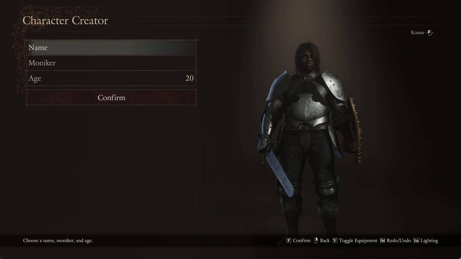 Character Creator screen with Name, Moniker, Age 20 and Confirm options beside a full-body view of an armored character.