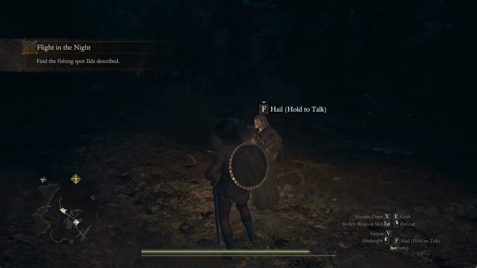 A dark night scene where a shielded warrior stands near a woman with a Hail prompt, a quest banner at top left and a minimap below.