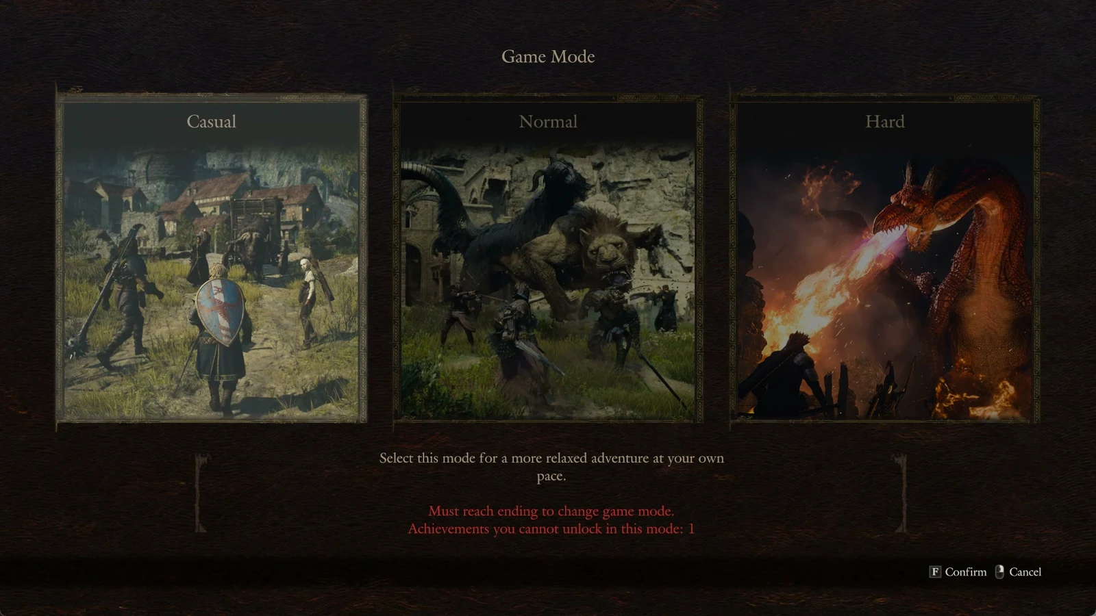Game Mode selection screen with Casual panel highlighted and a red warning about changing mode and a lost achievement.