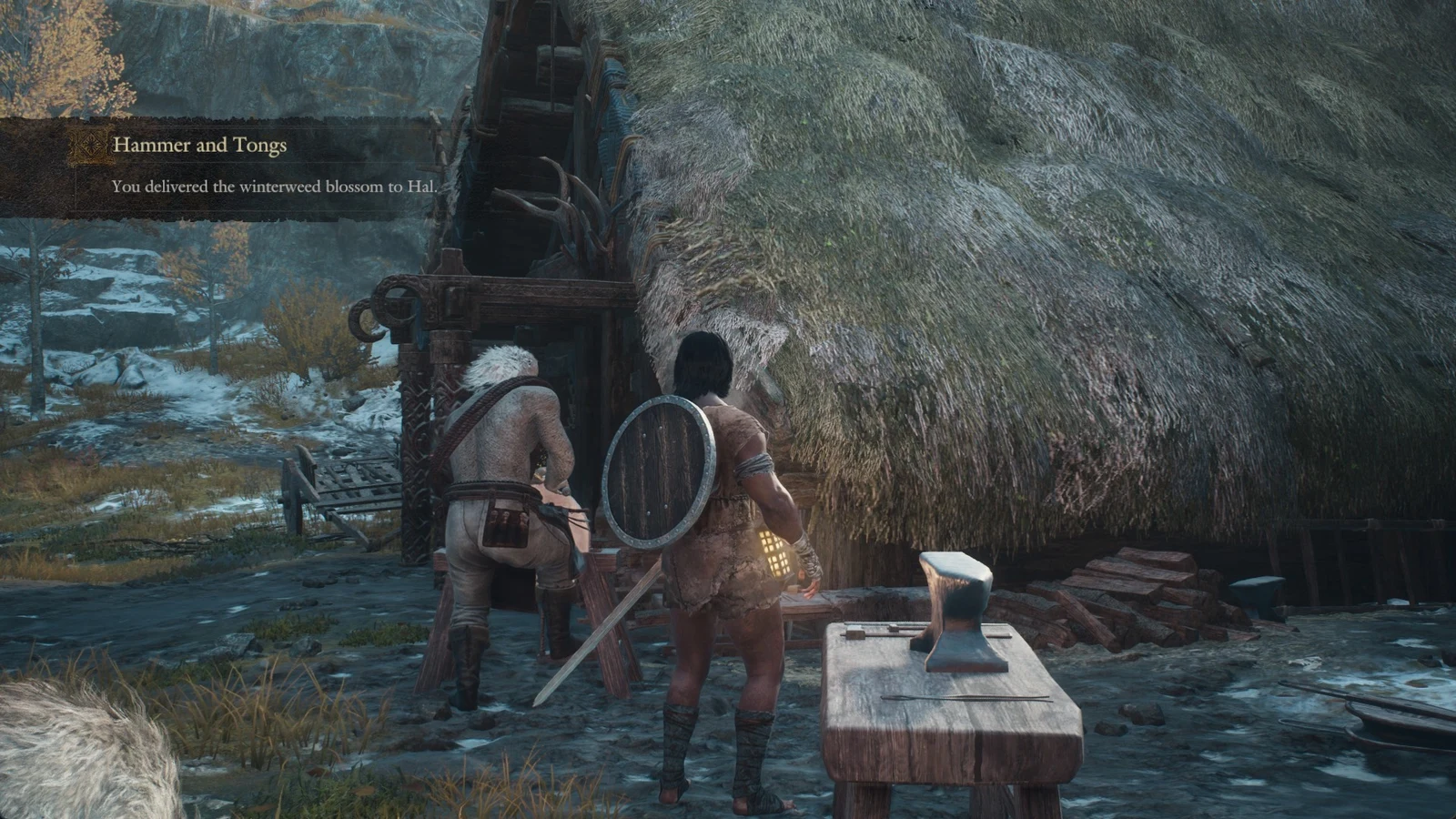 A player character with a shield stands near a white-haired smith at a thatched workshop while a quest update banner appears at left.