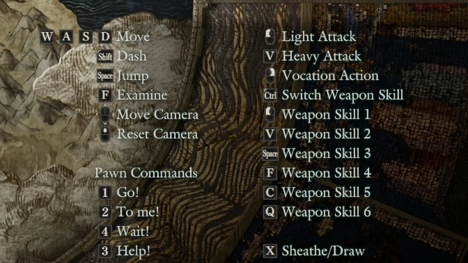 Close-up of a keyboard control guide listing movement keys, Pawn Commands and weapon skill bindings over a map backdrop.