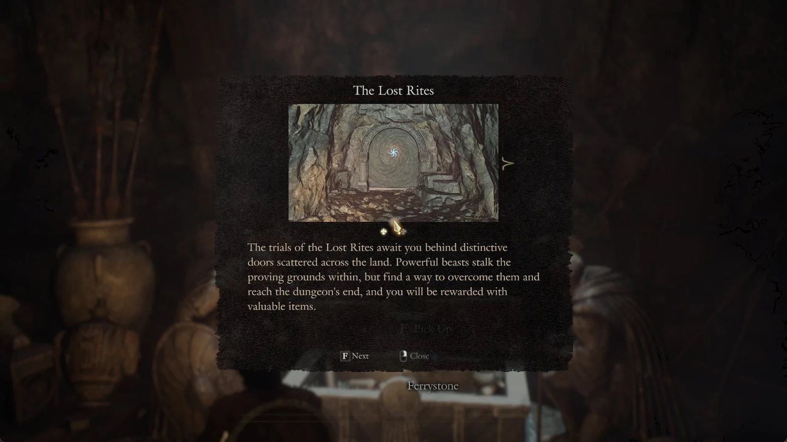 Tutorial panel titled The Lost Rites showing a carved stone door in a cave, with text about trials in the proving grounds.