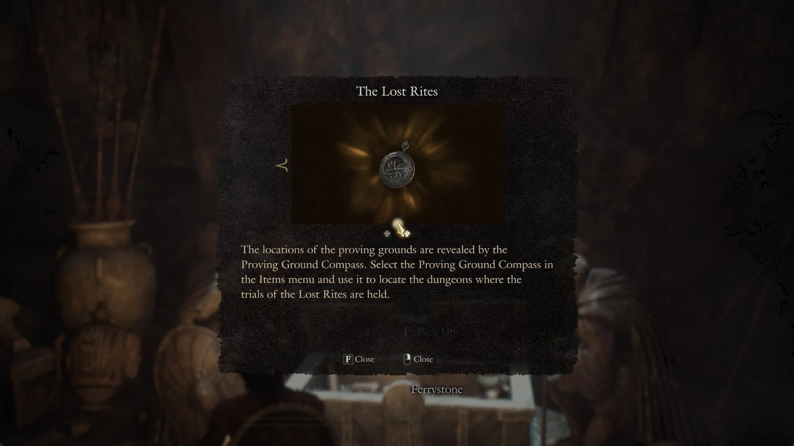 Tutorial panel titled The Lost Rites showing a glowing compass pendant, with text on using it to locate dungeons.