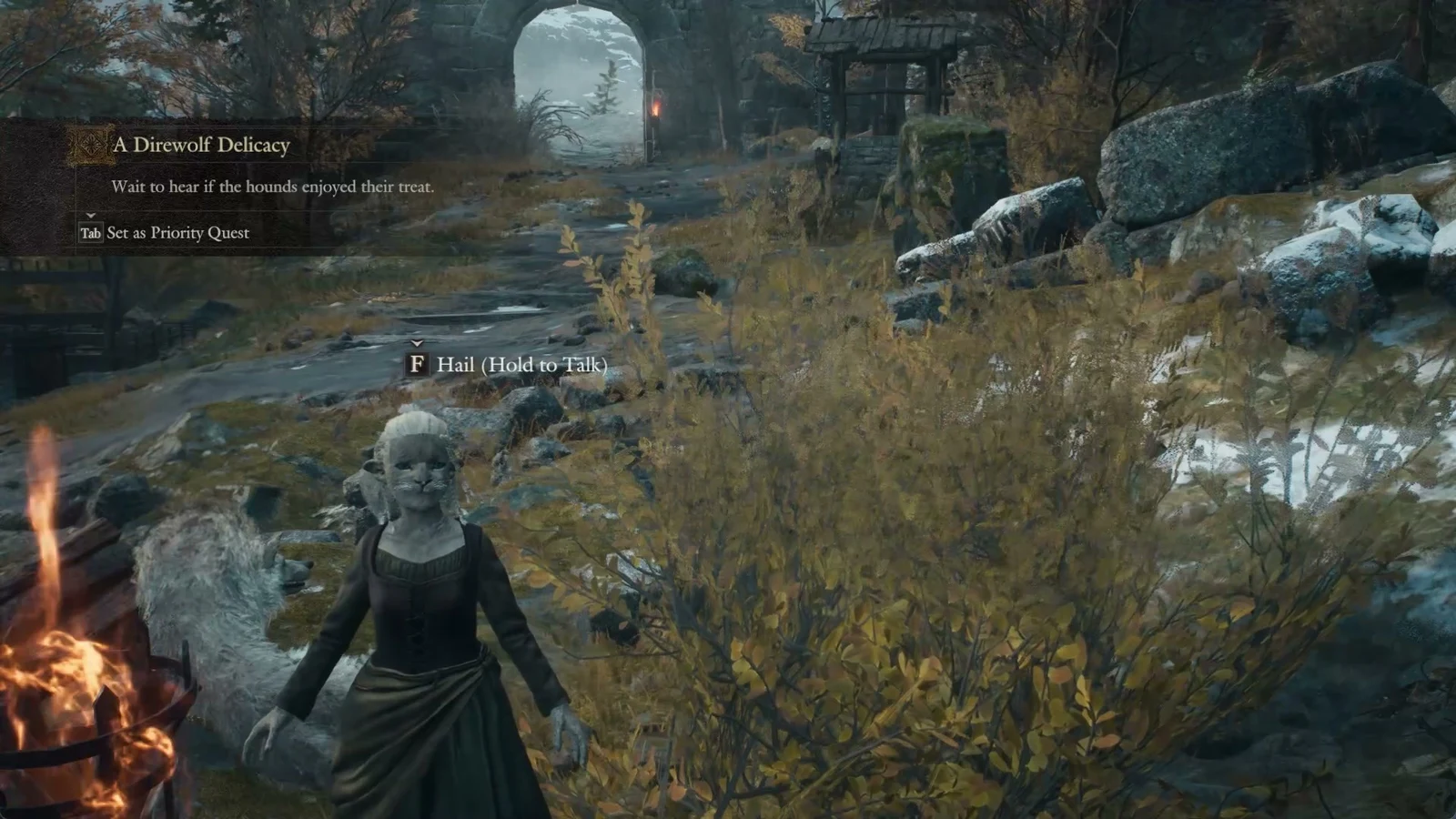 A woman in a dark dress stands near a brazier and a white hound on a snowy path with a quest panel at upper left.