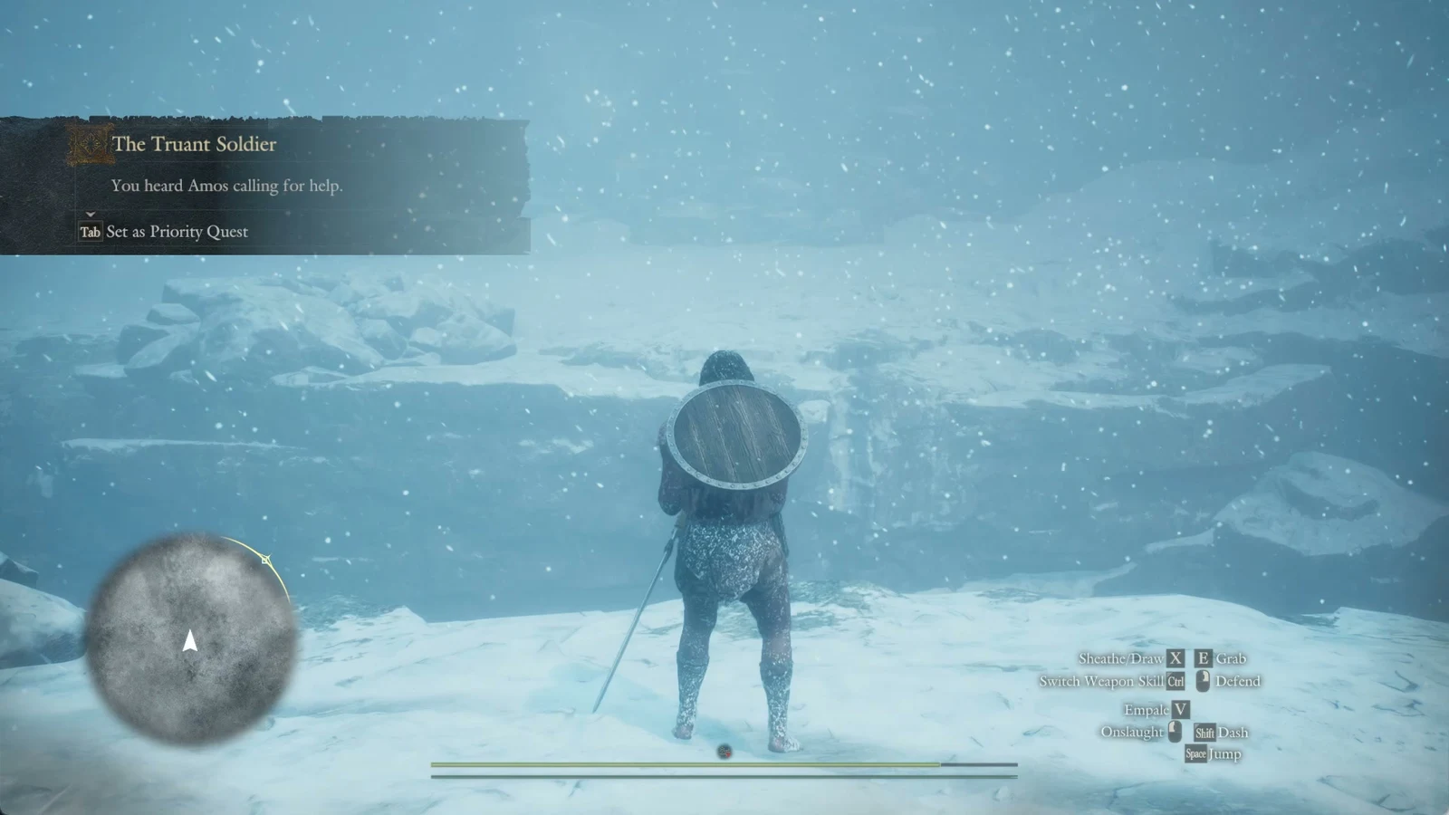 A character with a round shield stands at a snowy ledge in a blizzard beneath a quest notification panel.