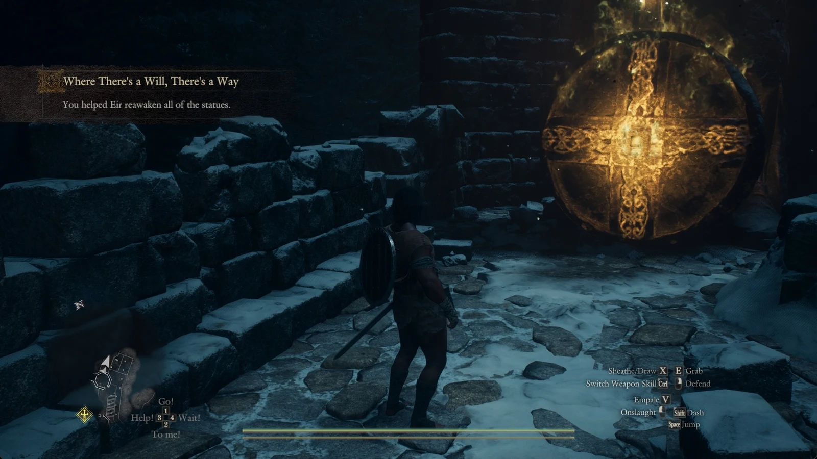 Player beside a glowing golden shield-like emblem in a snowy stone ruin, with a quest completion banner at top left.