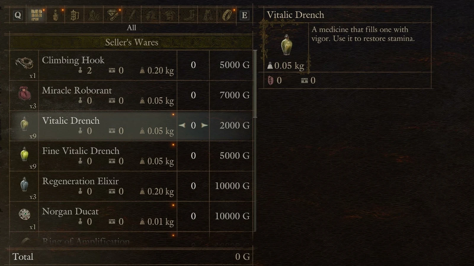 Trader menu titled Seller's Wares listing consumables and prices, with Vitalic Drench highlighted and its description shown on the right.