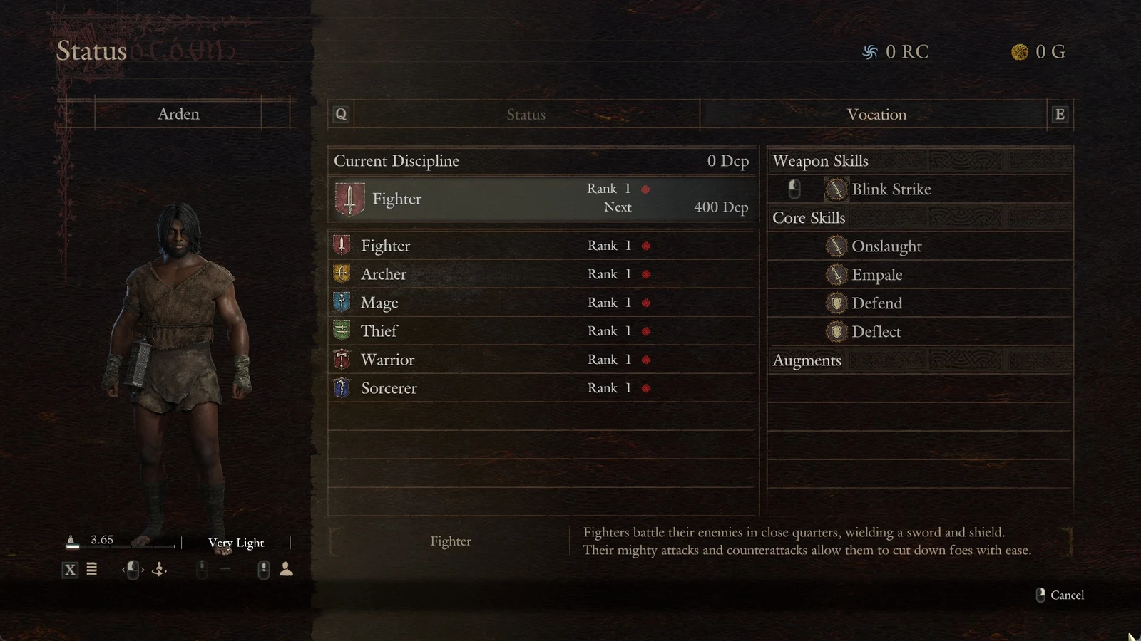 Status menu with a character in rags, a list of six vocations at Rank 1, and Fighter weapon and core skills on the right.