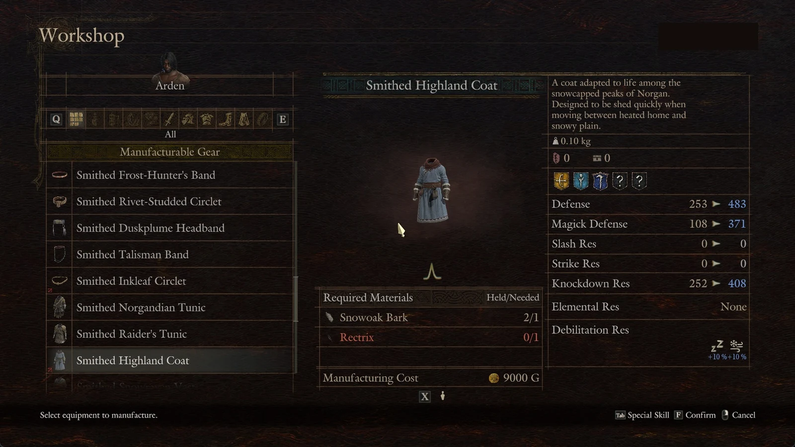 Workshop menu listing manufacturable gear with the Smithed Highland Coat selected, showing materials, cost and defense stats.