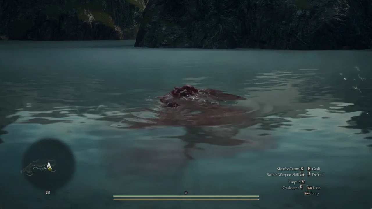 A blood-red stain spreading across the lake surface as the Brine rise around the character