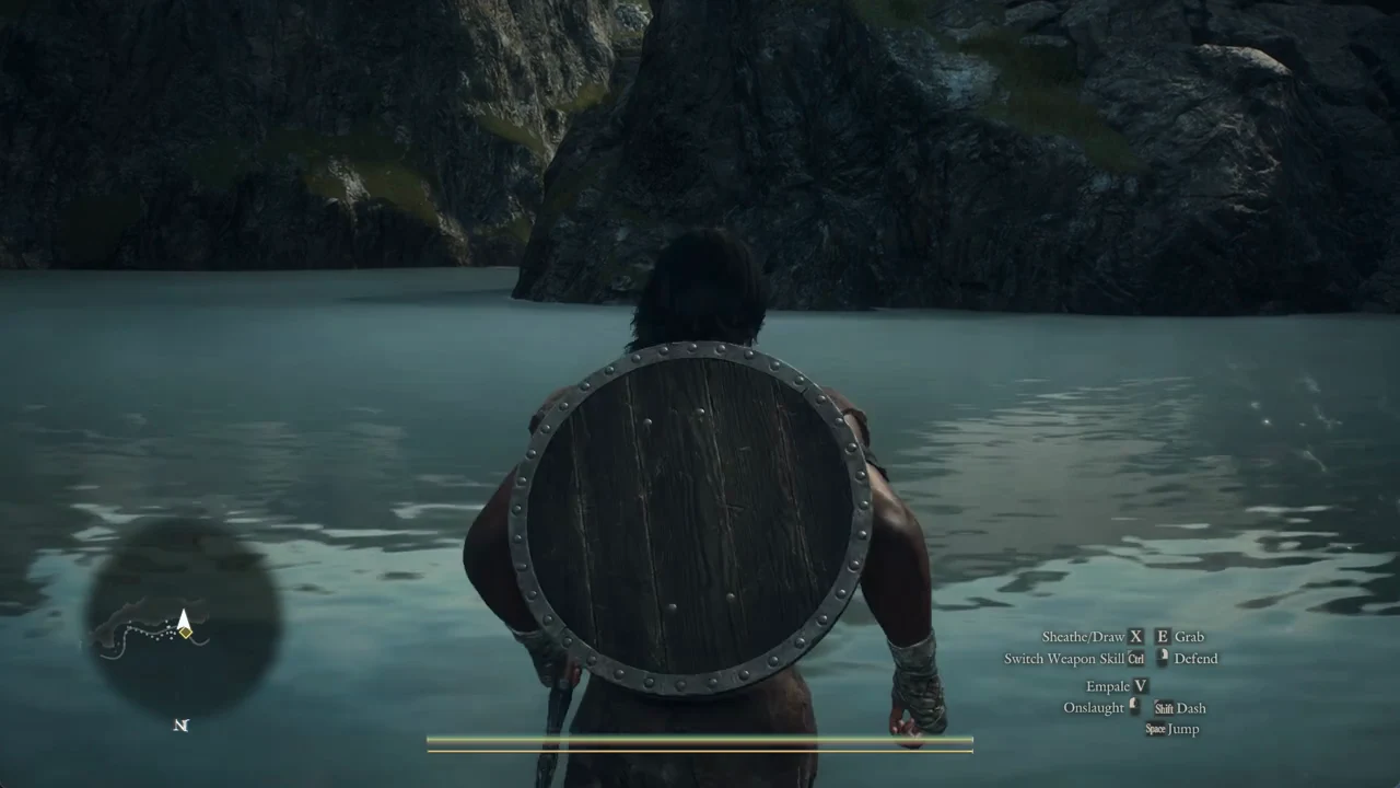 The Arisen wading out past waist depth into a deep pool, minimap and combat prompts on screen