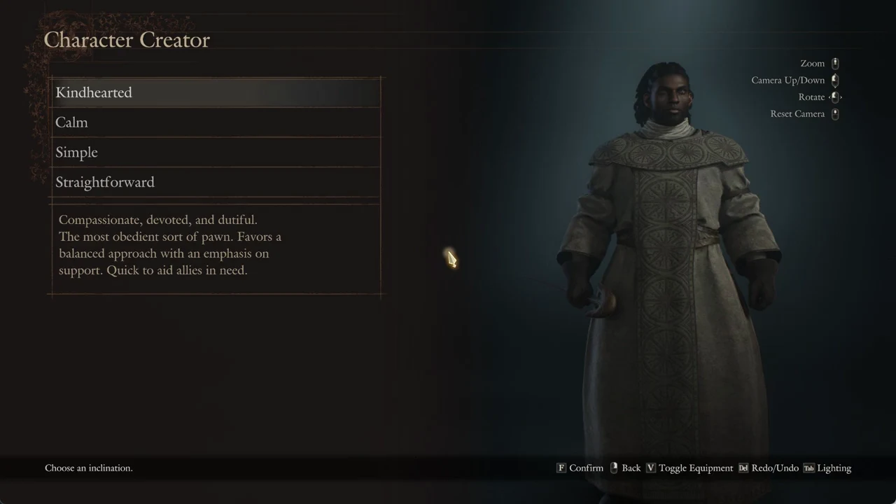Kindhearted highlighted in the inclination list of the Character Creator