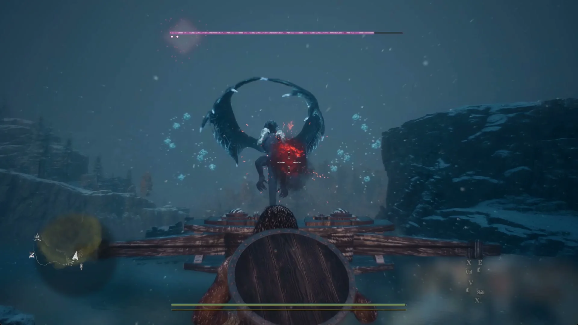 A red burst on the fimbl's body over the lake after a ballista bolt hits, with its magenta bar flashing at the top