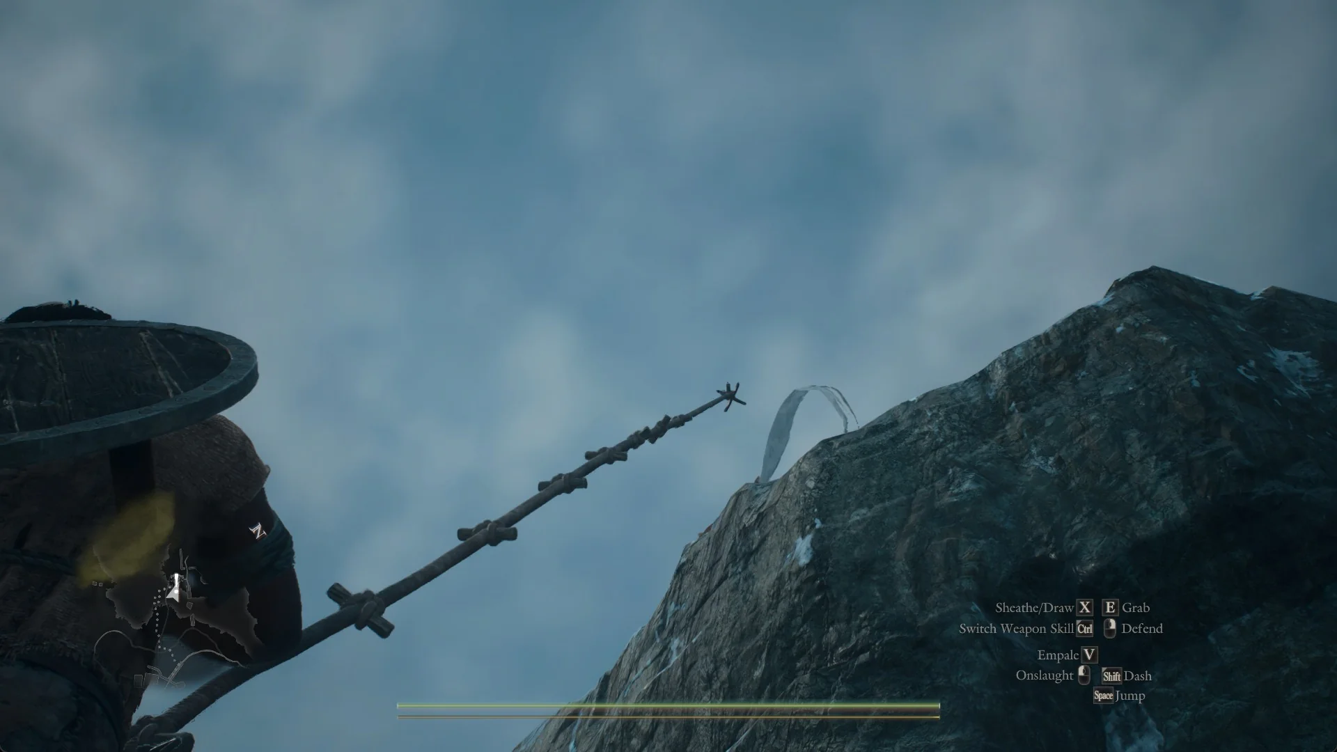 The thrown hook flying past the tether post on the cliff top after a throw on a white arc