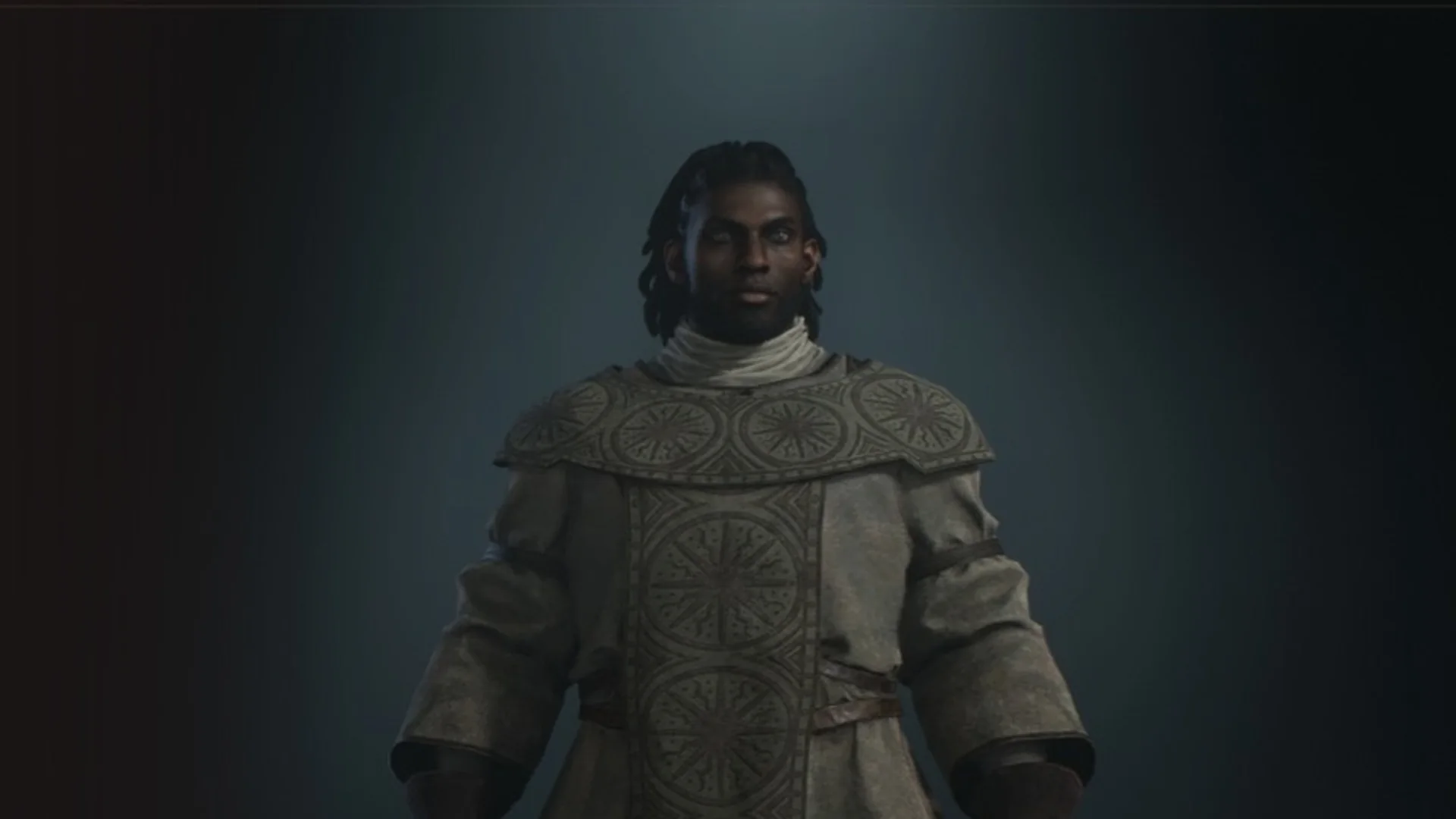 A newly made main pawn in mage robes against the dark backdrop of the character creator